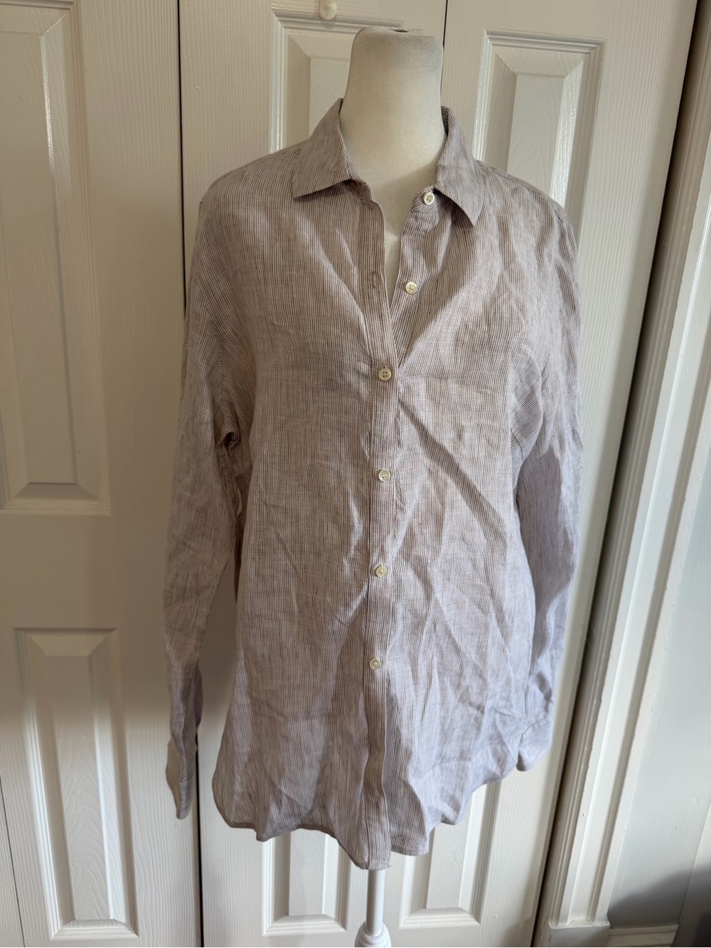 J.McLaughlin Britt Linen Shirt Pinstripe Tan/White Size Medium
